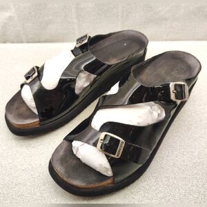 Mephisto Black Patent Strappy Wedge Heel Sandals Sz 9 Shoes